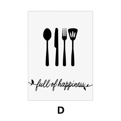 Black cutlery icons with 'full of happiness' text on a white background