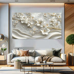 Modern living room with a floral wall art piece above a sofa.