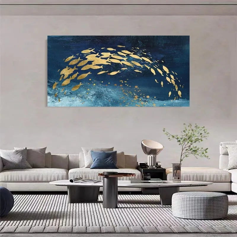 Modern living room with a large abstract painting on the wall