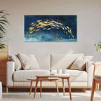 Living room with a beige sofa, wooden coffee table, and abstract painting on the wall.