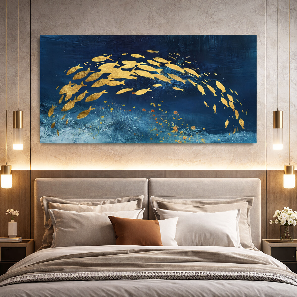 Bedroom with a large abstract painting of gold fish on a blue background.