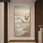 Decorative wall art of two seagulls over a beach scene in a modern interior setting.