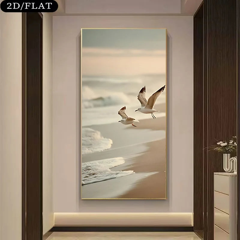 Decorative wall art of two seagulls over a beach scene in a modern interior setting.