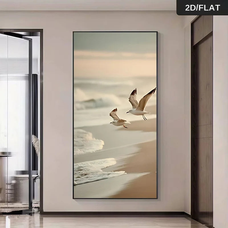 Framed artwork of two seagulls on a beach in a modern interior setting.