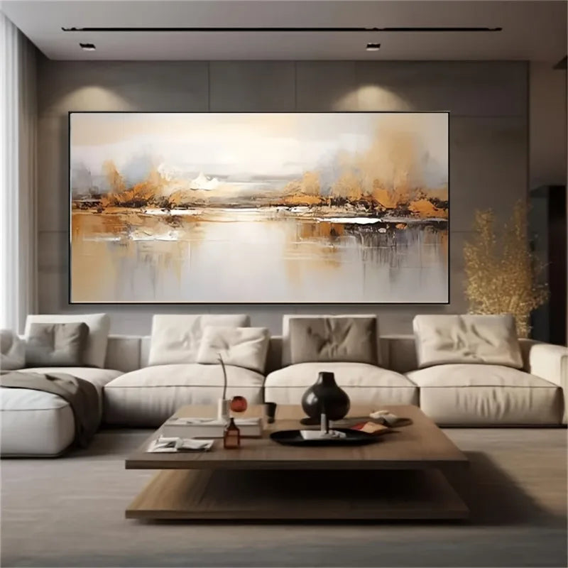 Living room with a large abstract painting on the wall above a sofa.