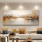 Modern living room with a large abstract painting on the wall above a beige sofa.