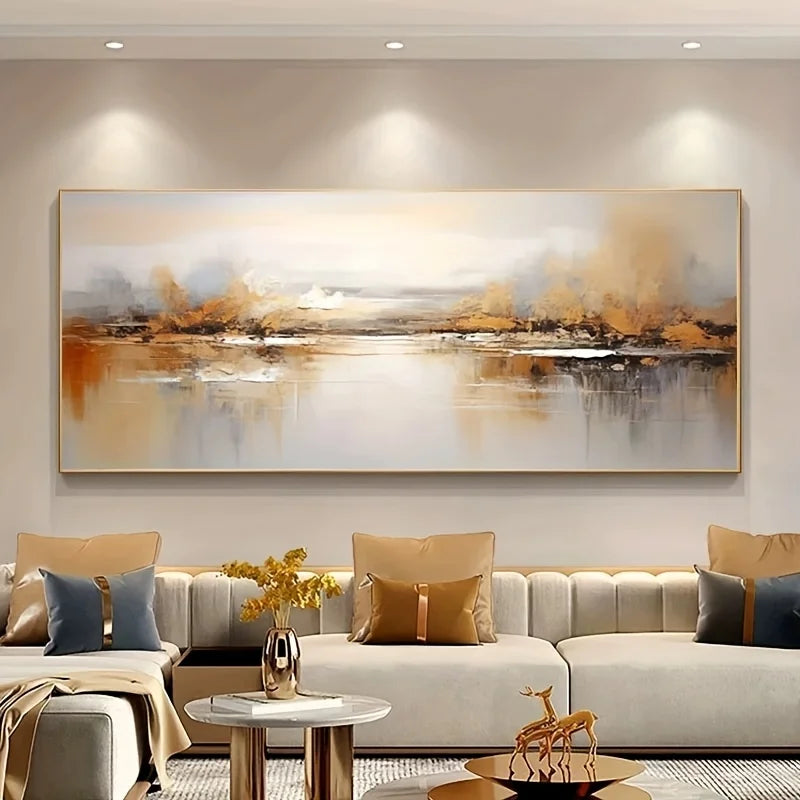 Modern living room with a large abstract painting on the wall above a beige sofa.