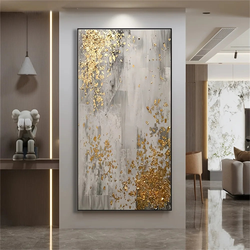 Abstract art piece with gold and gray colors in a modern living room setting.