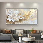 Living room with a large abstract floral painting on the wall above a gray sectional sofa.