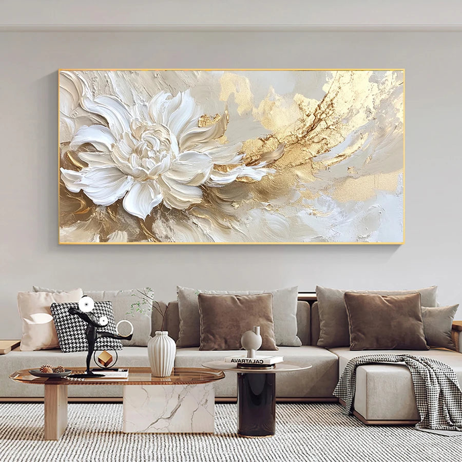 Living room with a large abstract painting of a flower on the wall.