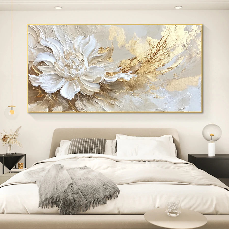 Decorative abstract painting on a wall above a bed in a bedroom setting.