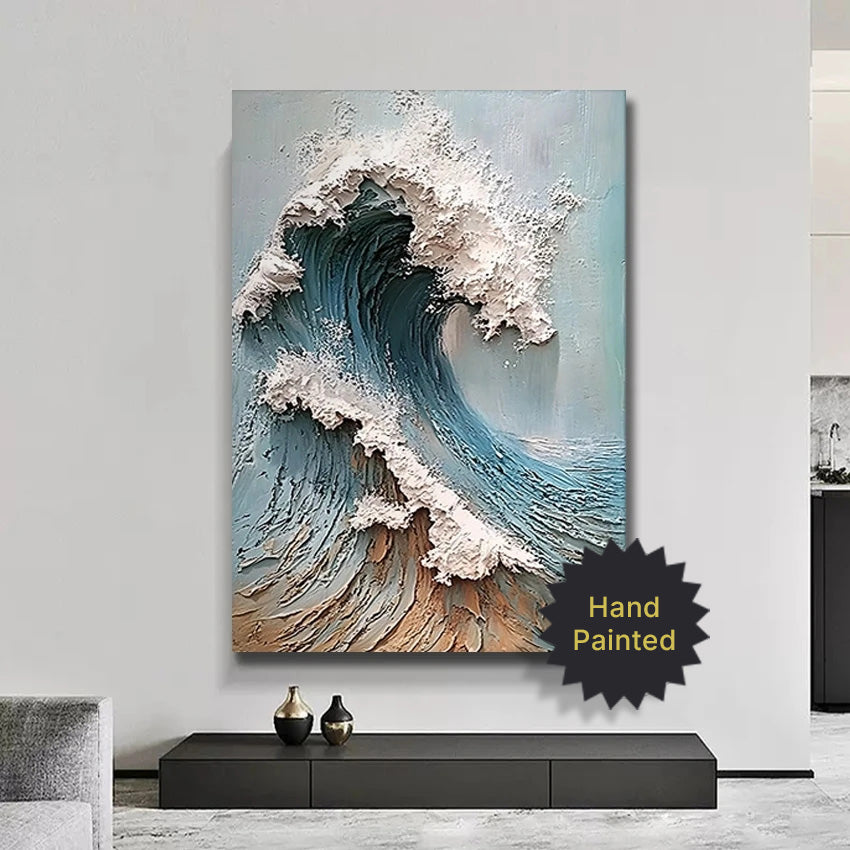 Hand painted wave art on a wall with decorative elements below.