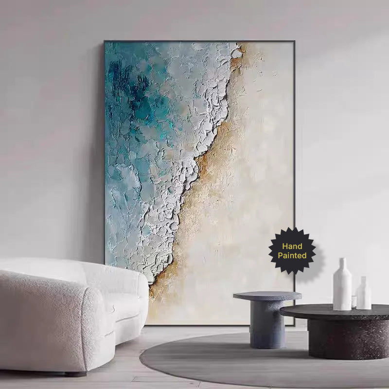 Abstract art painting in a modern living room setting with 'Hand Painted' label.