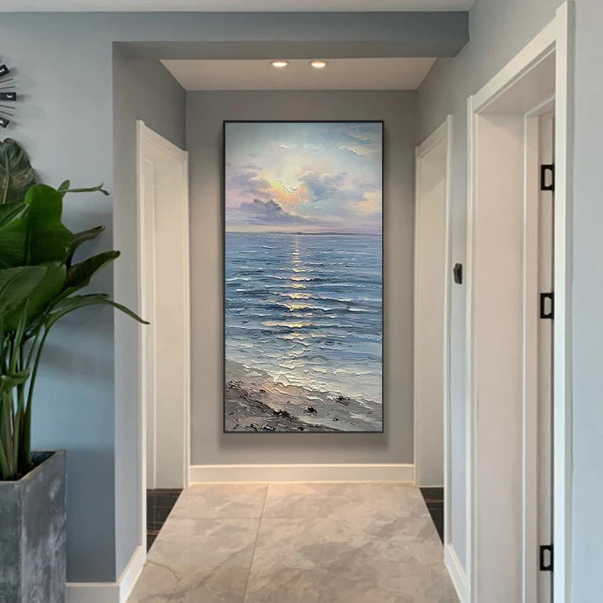 Large Format * Hand Painted * Abstract Seascape Textured Oil Painting Original Modern Colorful Artwork For Living Room Entryway Foyer Art Decor