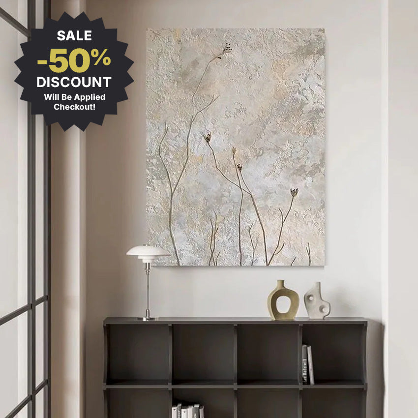 Large Format * Hand Painted * Delicate Wild Flower Oil Painting Neutral Colors Handmade Textured Wall Decor For Contemporary Minimalist Home Decor