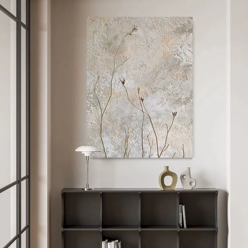 Large Format * Hand Painted * Delicate Wild Flower Oil Painting Neutral Colors Handmade Textured Wall Decor For Contemporary Minimalist Home Decor