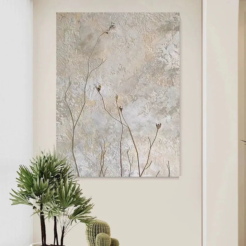 Large Format * Hand Painted * Delicate Wild Flower Oil Painting Neutral Colors Handmade Textured Wall Decor For Contemporary Minimalist Home Decor