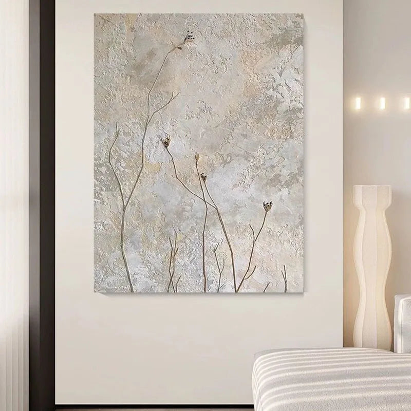 Large Format * Hand Painted * Delicate Wild Flower Oil Painting Neutral Colors Handmade Textured Wall Decor For Contemporary Minimalist Home Decor