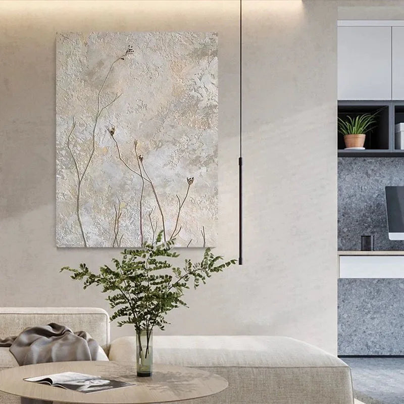 Large Format * Hand Painted * Delicate Wild Flower Oil Painting Neutral Colors Handmade Textured Wall Decor For Contemporary Minimalist Home Decor