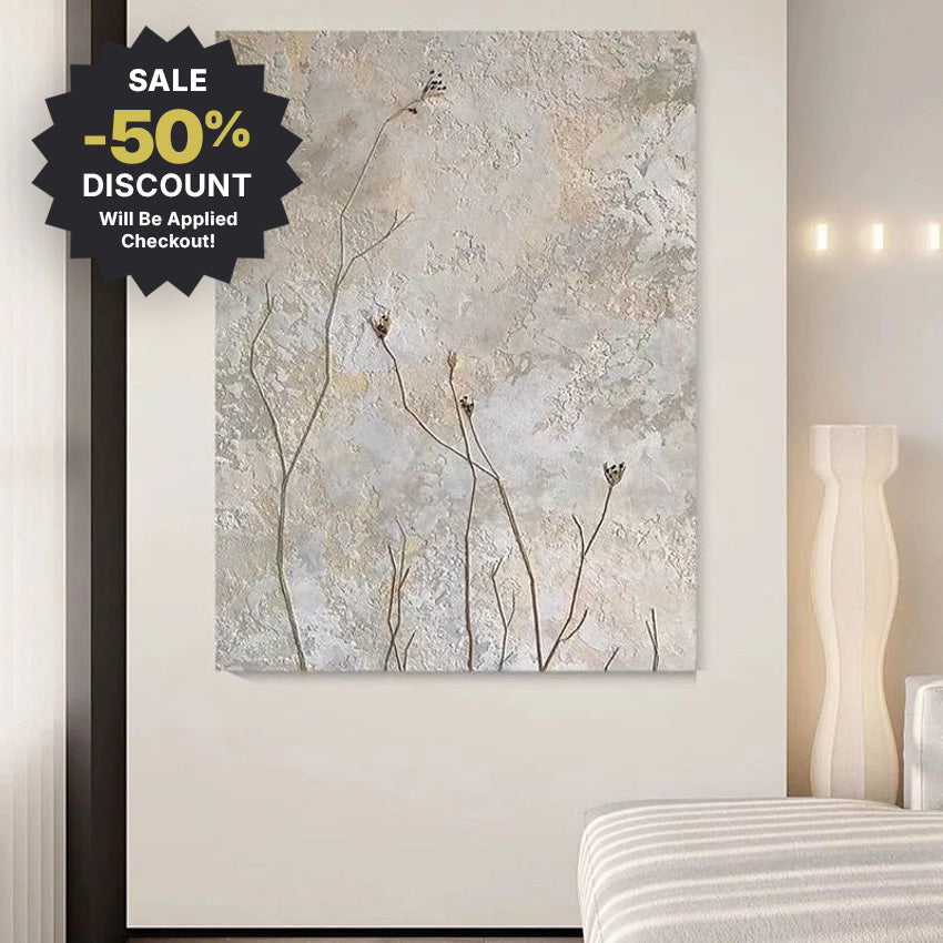 Large Format * Hand Painted * Delicate Wild Flower Oil Painting Neutral Colors Handmade Textured Wall Decor For Contemporary Minimalist Home Decor