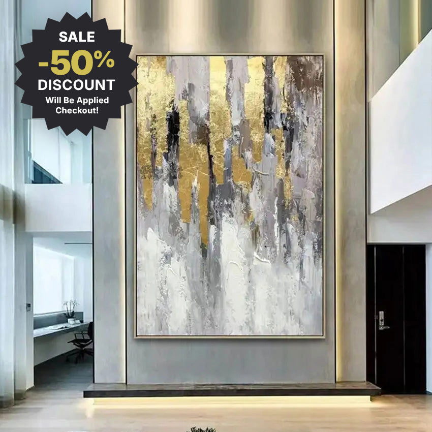 Abstract art painting with gold and gray colors in a modern interior setting, featuring a sale discount offer.