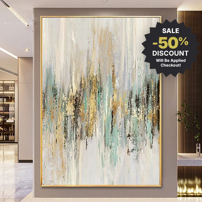 Abstract art painting with a gold frame in a modern interior setting, featuring a sale discount badge.