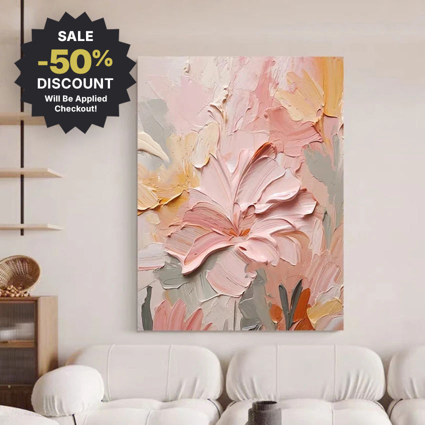 Large Format * Hand Painted * Thick Brush Pink Floral Oil Painting Heavy Textured Brush Art For Living Room Foyer Entryway Art Decor