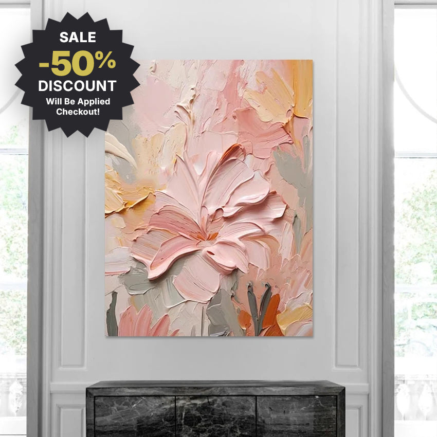 Large Format * Hand Painted * Thick Brush Pink Floral Oil Painting Heavy Textured Brush Art For Living Room Foyer Entryway Art Decor