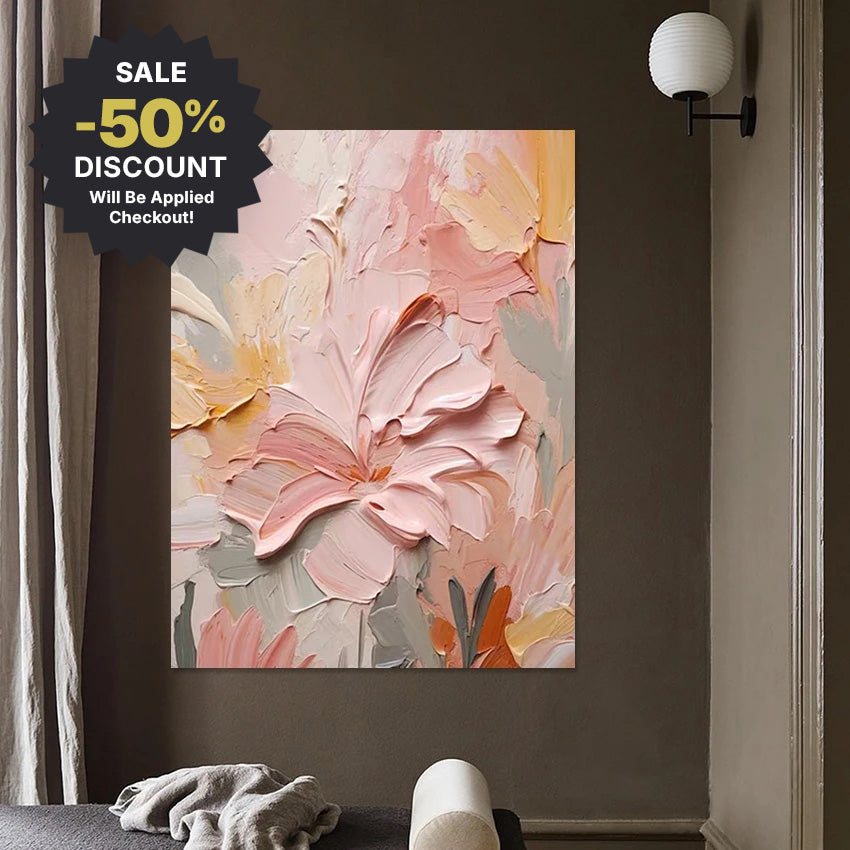 Large Format * Hand Painted * Thick Brush Pink Floral Oil Painting Heavy Textured Brush Art For Living Room Foyer Entryway Art Decor