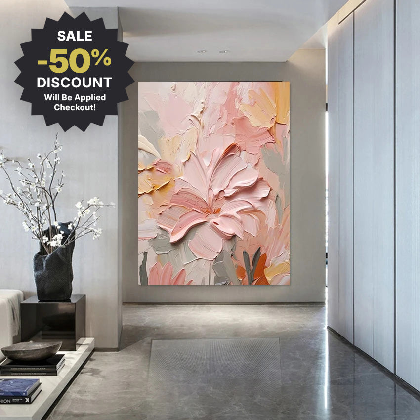 Large Format * Hand Painted * Thick Brush Pink Floral Oil Painting Heavy Textured Brush Art For Living Room Foyer Entryway Art Decor