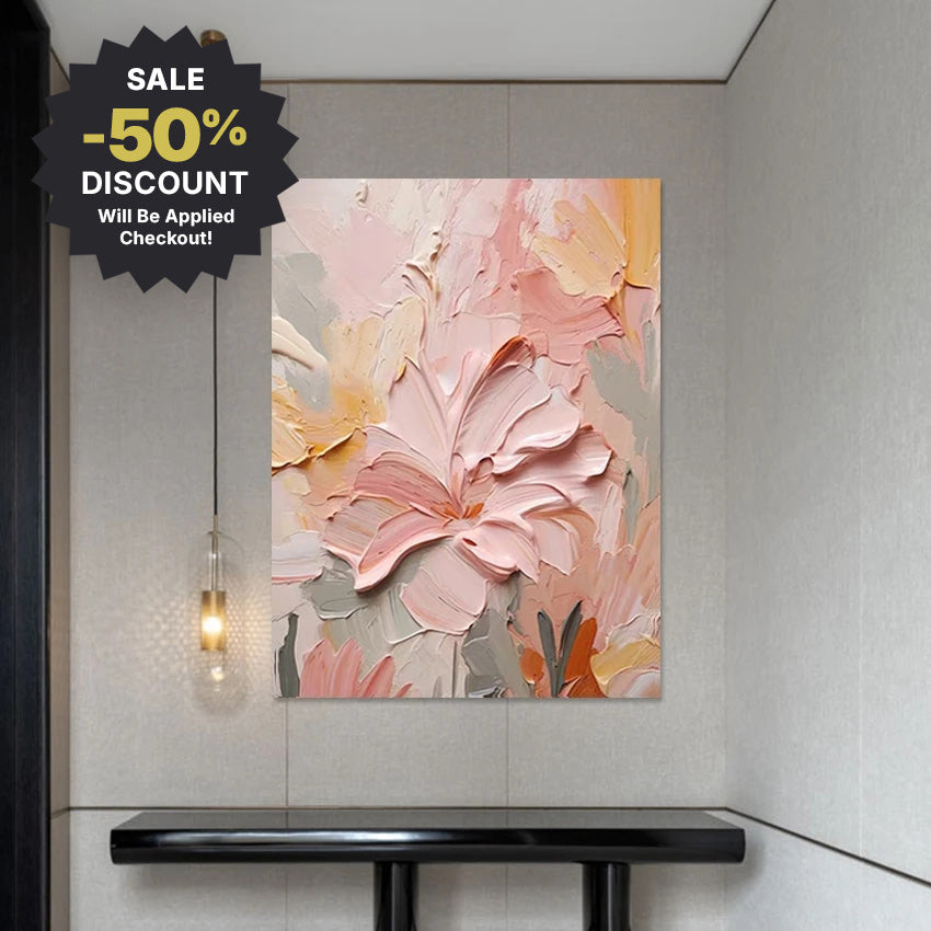 Large Format * Hand Painted * Thick Brush Pink Floral Oil Painting Heavy Textured Brush Art For Living Room Foyer Entryway Art Decor