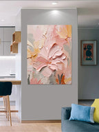 Large Format * Hand Painted * Thick Brush Pink Floral Oil Painting Heavy Textured Brush Art For Living Room Foyer Entryway Art Decor