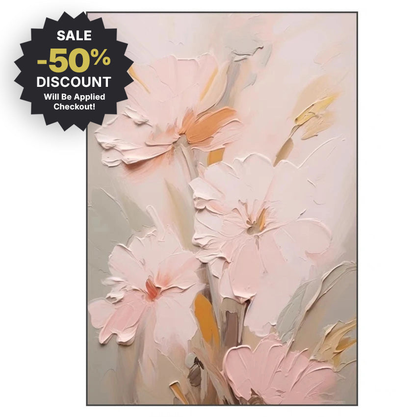 Large Format * Hand Painted * Thick Brush Pink Floral Oil Painting Heavy Textured Brush Art For Living Room Foyer Entryway Art Decor
