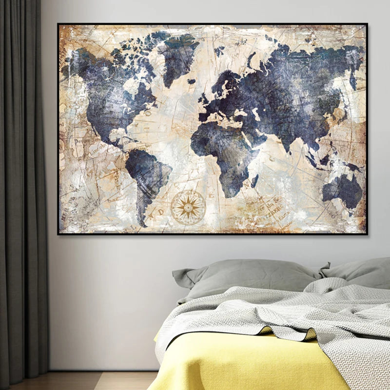 Large Format Rustic Vintage World Map Wall Art Fine Art Canvas Prints Pictures For Living Room Dining Room Home Office Art Decor