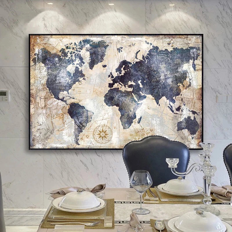 Large Format Rustic Vintage World Map Wall Art Fine Art Canvas Prints Pictures For Living Room Dining Room Home Office Art Decor