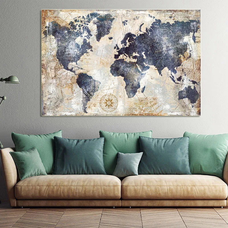 Large Format Rustic Vintage World Map Wall Art Fine Art Canvas Prints Pictures For Living Room Dining Room Home Office Art Decor