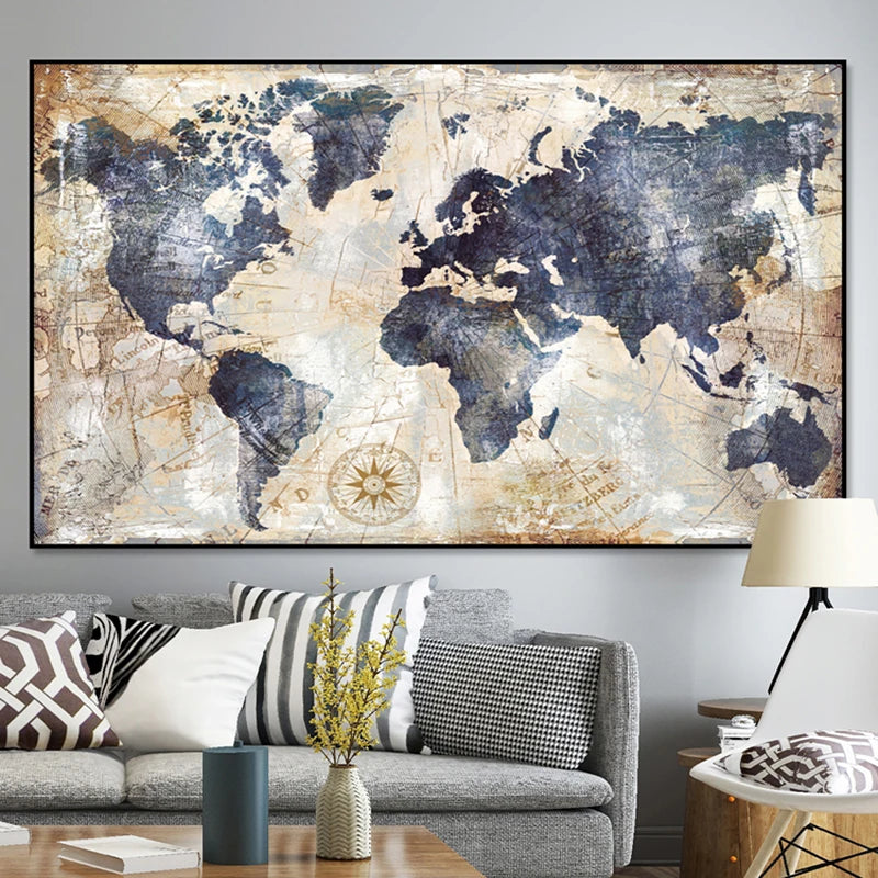 Large Format Rustic Vintage World Map Wall Art Fine Art Canvas Prints Pictures For Living Room Dining Room Home Office Art Decor