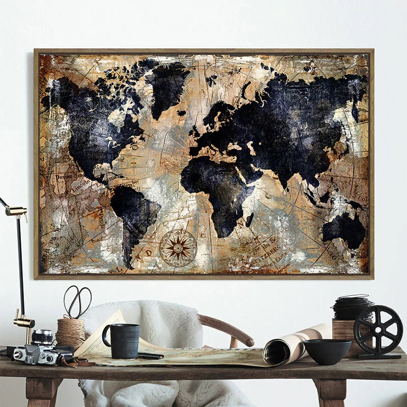 Large Format Rustic Vintage World Map Wall Art Fine Art Canvas Prints Pictures For Living Room Dining Room Home Office Art Decor