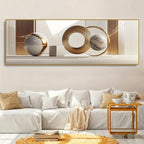Modern living room with a large abstract painting above a white sofa.