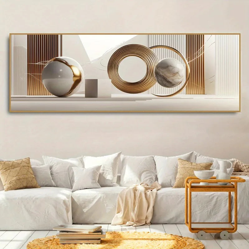 Modern living room with a large abstract painting above a white sofa.