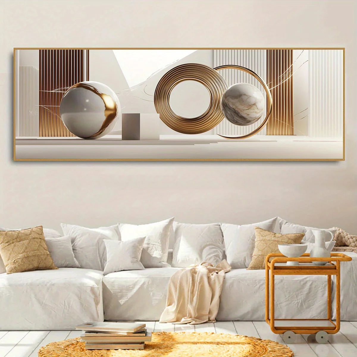 Decorative wall art above a sofa in a living room setting