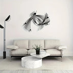 Modern living room with a decorative wall clock and a sofa.