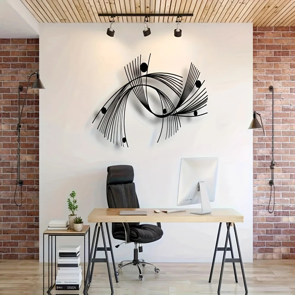 Modern office setup with a desk, chair, and decorative wall art.