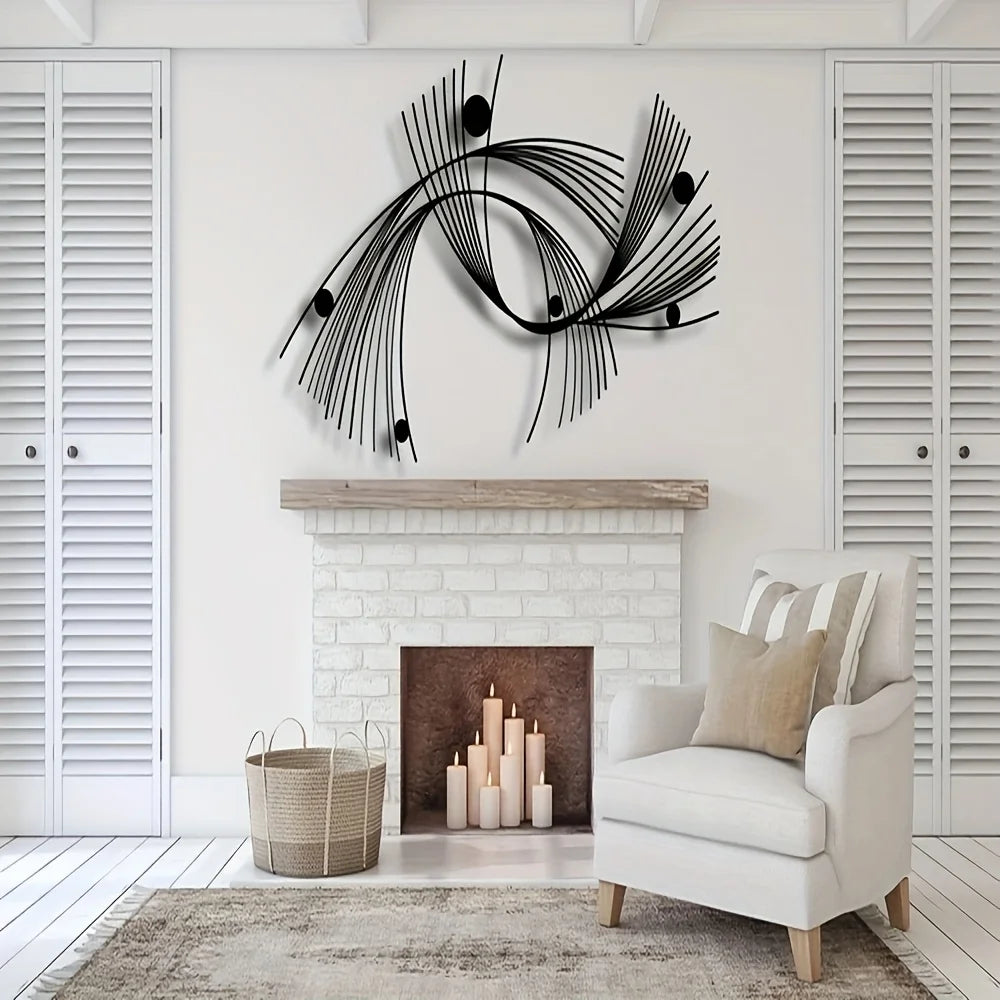 Modern living room with a white armchair, fireplace, and decorative wall art.