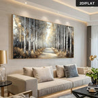Leafy Sunlit Birch Tree Forest Landscape Wall Art Fine Art Canvas Print Picture For Modern Living Room Dining Room Neutral Palette Wall Decor