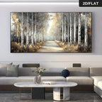Leafy Sunlit Birch Tree Forest Landscape Wall Art Fine Art Canvas Print Picture For Modern Living Room Dining Room Neutral Palette Wall Decor
