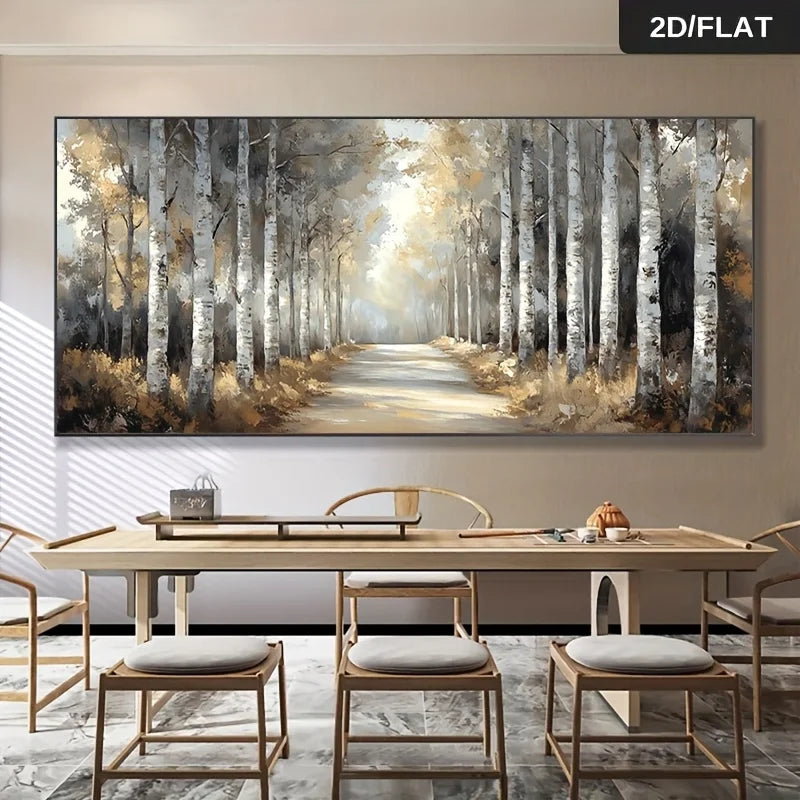 Leafy Sunlit Birch Tree Forest Landscape Wall Art Fine Art Canvas Print Picture For Modern Living Room Dining Room Neutral Palette Wall Decor