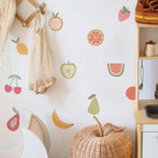 Wall with fruit decals and baskets in a kitchen setting