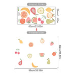 Fruit-themed wall decal set with layout sizes and finished dimensions on a white background.