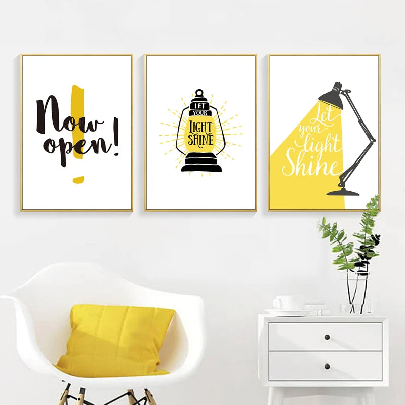 Let Your Light Shine Inspirational Quotes Wall Art Yellow Black Canvas Prints Daily Mantra Positivity Posters Pictures For Living Room Bedroom Study Room Art Decor